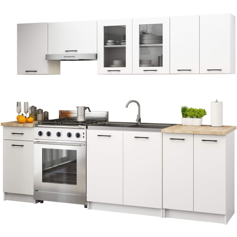 Ensemble de cuisine vitré AKORD OLIWIA 2.4m Blanc 240 cm 11 portes 1 tiroir façade Blanche 240x46x203 cm