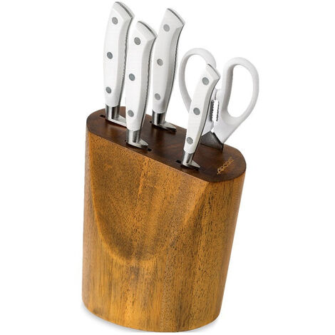 ENSEMBLE DE CUISINE RIVIERA WHITE - Ensemble composé des éléments de base d'une cuisine bien équipée. Le tout organisé dans un bloc de bois de caoutchouc laqué couleur noyer.