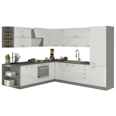 Ensemble de cuisine Upa 100, Gris + Blanc brillant, 253cm, D'angle, MDF, Stratifié, LED - Gris + Blanc brillant