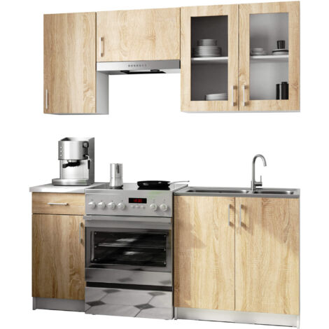 Ensemble de cuisine vitré AKORD LIMA 1.8m H720 Blanc 180 cm 7 portes 1 tiroir façade Chêne Sonoma 8 étagères 180x44,5x203 cm