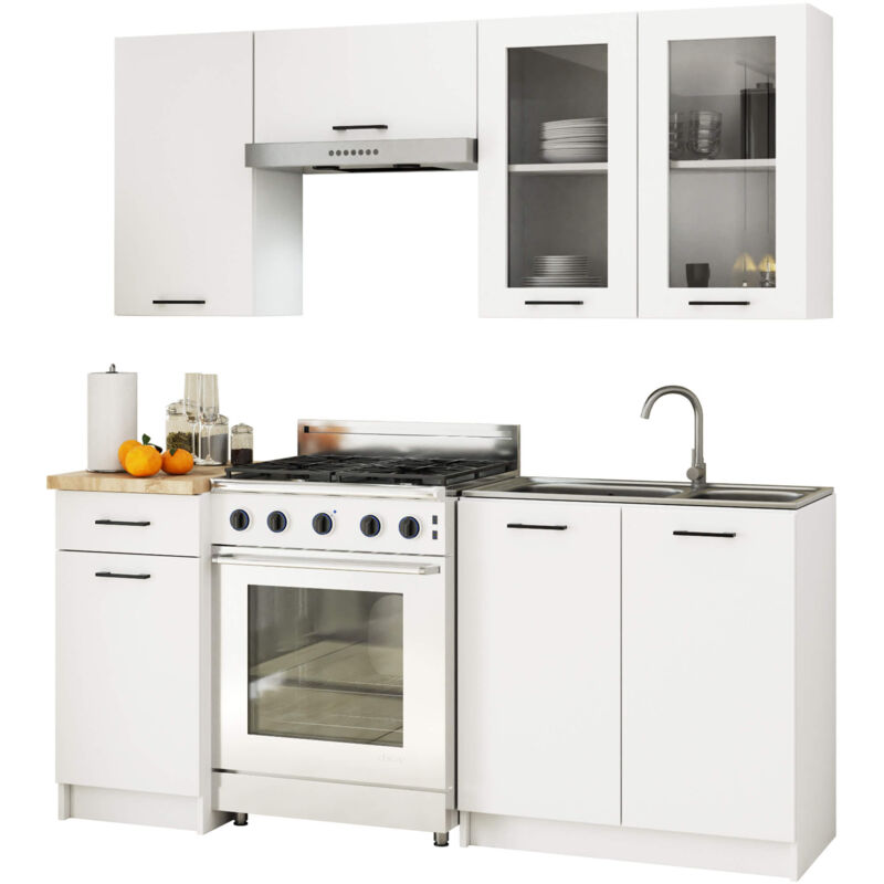Ensemble de cuisine vitré Akord oliwia 1.8m H720 Blanc 180 cm 7 portes 1 tiroir façade Blanche 8 étagères 180x46x203 cm