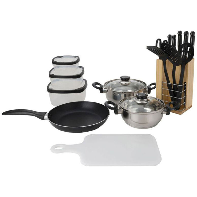 Wellhome - Ensemble de cuisine Well Home 18 pièces (1 poêle à frire + 2 casseroles + 1 planche à découper + 1 ciseaux + 3 ustensiles en nylon + 4