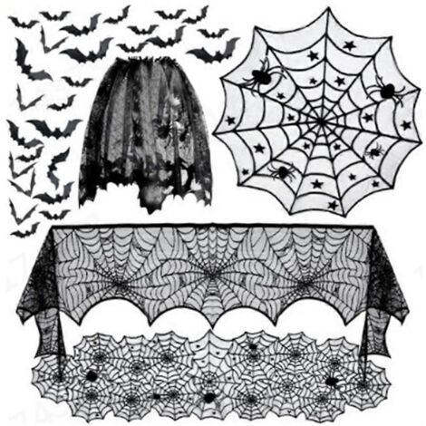 Ensemble de décorations d'Halloween : nappe toile d'araignée, chemin de table, foulard de cheminée, chauves-souris 3D