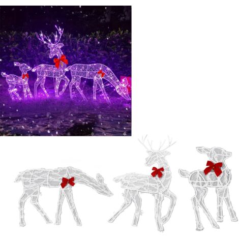 Ensemble de Décorations Lumineuses 3 Reindeers en Famille Électronique LED avec Rubans Rouges Cadre Fer pour Jardin Intérieur/Extérieur Fêtes