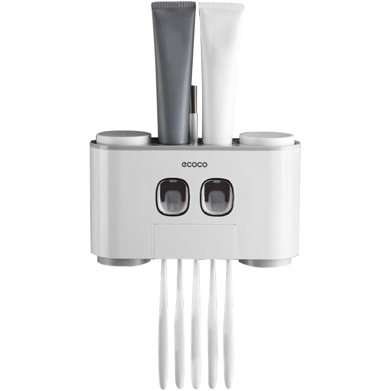 Ensemble de dentifrice à pression automatique Porte-brosse à dents mural avec 2 distributeurs de dentifrice 4 gobelets et 5 emplacements pour brosses