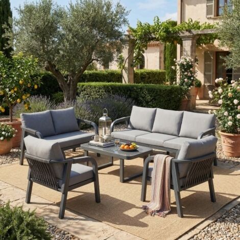 Ensemble de détente de jardin extérieur, 7 places, comprenant un canapé d'extérieur avec deux fauteuils et une table basse, plateau en verre, structure en fer galvanisé, design en corde tressée, Gris