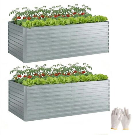 Ensemble de deux bacs de jardin surélevés en métal galvanisé avec bords de sécurité, pouvant servir de support pour la culture de légumes, couleur argent.