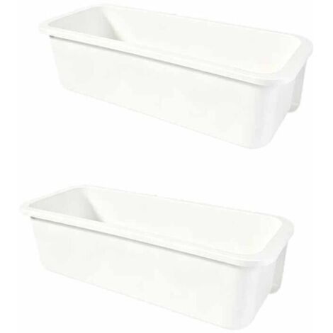 Ensemble de deux boîtes de rangement pour tiroirs, en plastique, adaptées aux cuisines et aux bureaux, pouvant contenir de la vaisselle, des cosmétiques et autres petits objets, de couleur blanche.