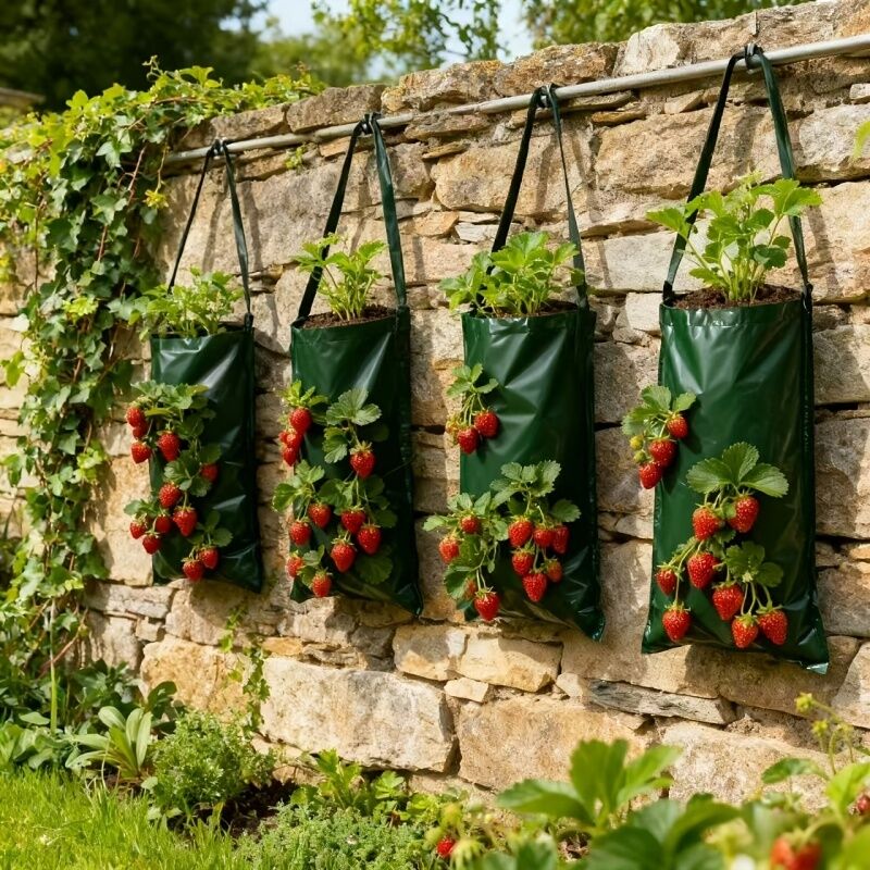 Sacs de plantation de fraisiers verts à 4 trous, sacs de plantation de fleurs suspendus, adaptés à la plantation dans le jardin (4 pièces)