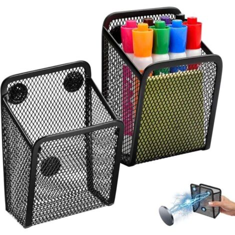 Ensemble de deux porte-stylos magnétiques, panier de rangement en maille métallique noire, organisateur de réfrigérateur en maille, fournitures de bureau, accessoires de rangement