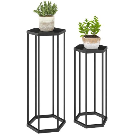 Ensemble de deux supports pour plantes, tabouret de jardin hexagonal en métal, convient à une utilisation intérieure et extérieure, noir.
