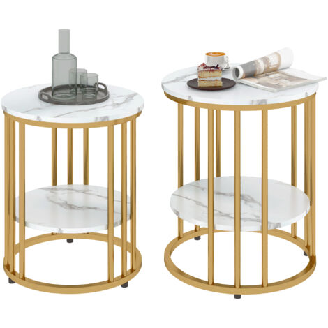 Ensemble de deux tables basses effet marbre , Blanc/Doré