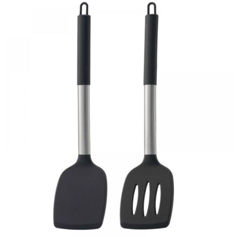 Ensemble de deux ustensiles de cuisine en silicone, comprenant des manches creux en acier inoxydable, une spatule pour wok et une spatule à frire, résistants à la chaleur.