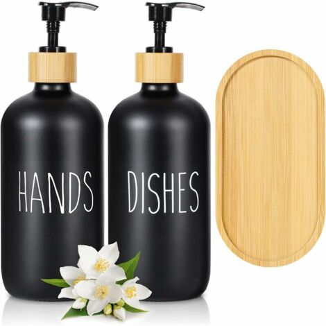 Ensemble de Distributeur de Savon en Verre, Ensemble de Distributeur de Savon pour Salle de Bain avec Plateau, Ensemble de Distributeur de détergent 500 ML pour décor de Cuisine（noir+noir）