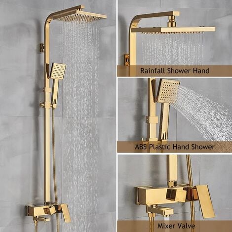 Ensemble de douche à colonne de douche dorée avec mitigeur thermostatique, pommeau de douche de 8 et douchette à main, hauteur réglable