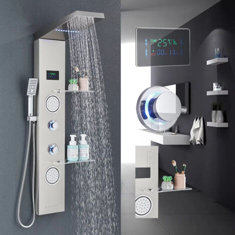 Ensemble de douche à effet pluie, affichage numérique multifonctionnel, colonne de douche, pommeau de douche spa avec étagère