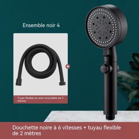 Ensemble de douche à effet pluie, ensemble de douchette haute pression 6 jets (flexible de 2 m), noir, pour salle de bain