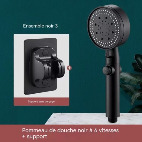 Ensemble de douche à effet pluie, ensemble de douchette haute pression 6 jets (support), noir, pour salle de bain