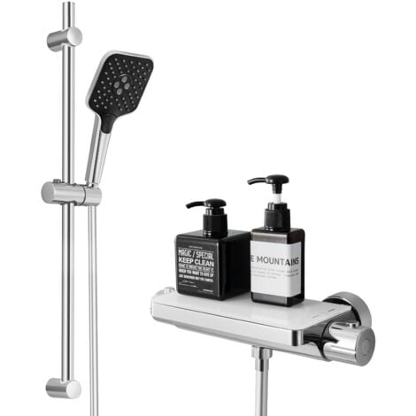 Ensemble de Douche avec Etagère et Douchette à Main 3 Fonctions, Chromé Colonne de Douche Thermostatique avec 38°C Mitigeur
