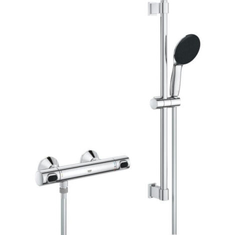 Ensemble de douche avec mitigeur thermostatique, pommeau 1 jet, barre 60cm et flexible - GROHE 34800001 - Economie d'eau - Chrom