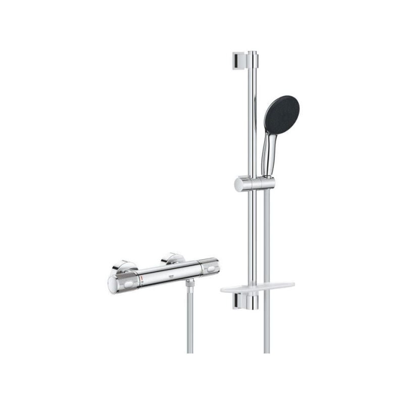 Ensemble de douche avec mitigeur thermostatique, pommeau 3 jets, barre 60cm et flexible Grohe 34791001 - Economie d'eau - Chro