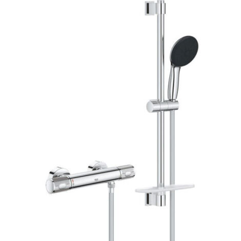 Ensemble de douche avec mitigeur thermostatique, pommeau 3 jets, barre 60cm et flexible - GROHE 34791001 - Economie d'eau - Chro
