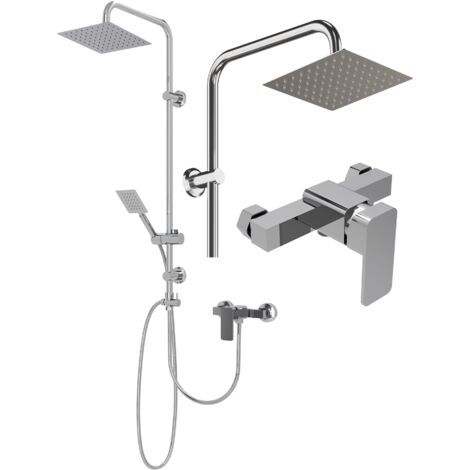 Ensemble de Douche avec Pluie TOBA CHROM - Laiton, Inox, PVC - 95 cm - Flexible 150 cm + Mitigeur de Douche VERI CHROM