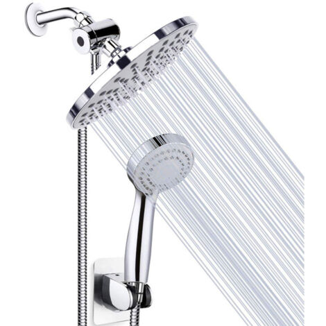 Ensemble de douche effet pluie : pommeau de douche de 20 cm, douchette à main à 3 jets, support de flexible, répartiteur à 3 voies, finition chromée polie, pommeau de douche haute pression.