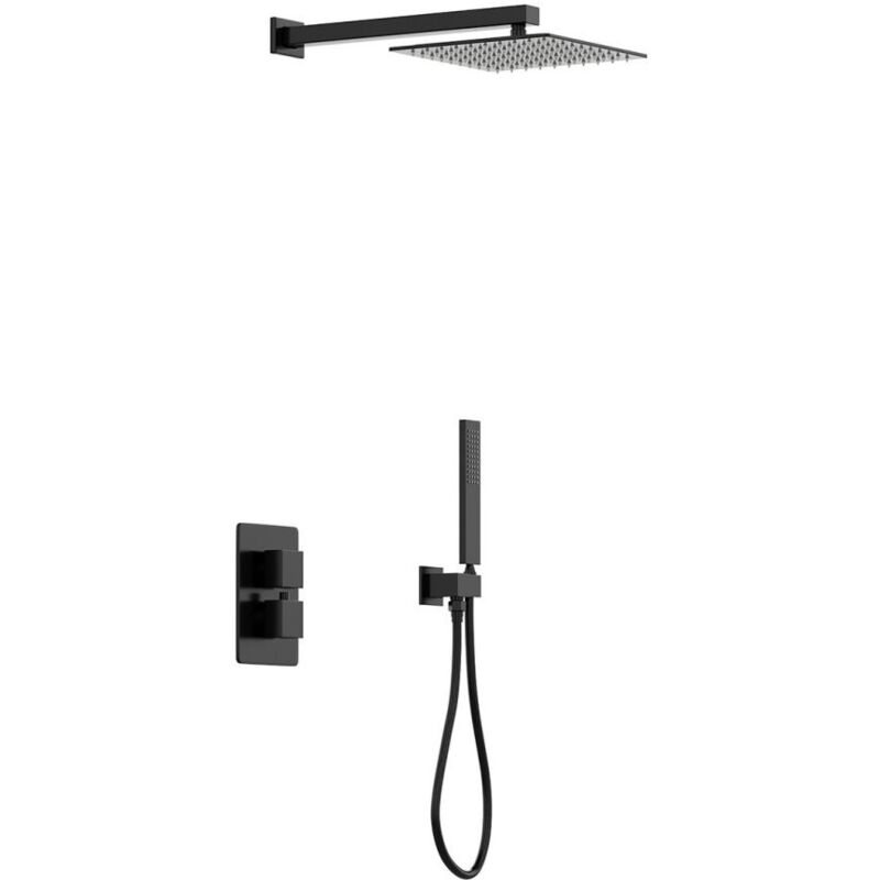 Vente-unique - Ensemble de douche encastrable avec mitigeur thermostatique et support mural fixe - Noir mat - terek