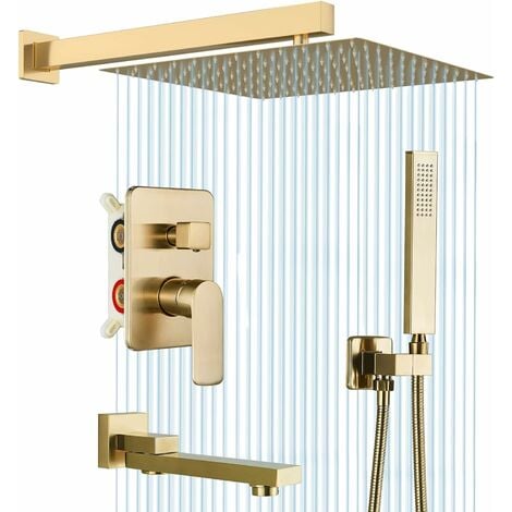 Ensemble de douche encastrable doré brossé 30cm30cm Système de douche 3 fonctions mitigeur de douche avec pommeau de douche en laiton Kit Douche Encastrable Plafond