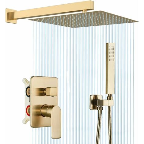 Ensemble de douche encastrable doré brossé 40cm40cm Système de douche 2 fonctions mitigeur de douche avec ultra fin pommeau de douche en laiton Kit Douche Encastrable Plafond