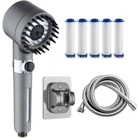 Ensemble de douche filtrante multifonctionnelle à main, argenté, comprenant un tuyau en acier inoxydable de 1,5 m, 5 éléments filtrants, une base non poreuse, 4 vitesses et un adoucisseur d'eau.