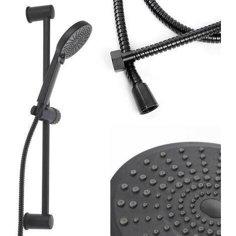 Ensemble de douche noir + un pommeau de douche de 11 cm de diamètre, un tuyau de 150 cm et une barre de 60 cm.