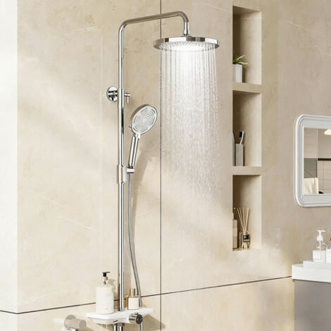 Ensemble de douche pour salle de bains, mural, en acier inoxydable, avec étagère, pommeau de douche effet pluie, eau chaude et froide, mitigeur