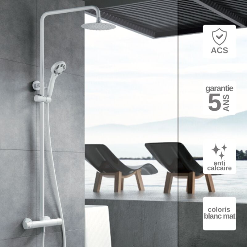 Colonne de Douche Thermostatique Anti-Calcaire Blanc Mat imex kent BTK017/BL