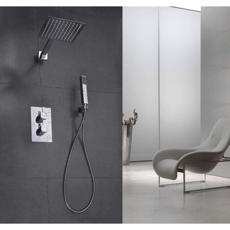 Ensemble de douche thermostatique encastré Elbe en acier inoxydable 304 et laiton avec thermostat, système de douche à 3 fonctions, finition chromée, pommeau de douche carré de 20 cm (8 pouces), insta