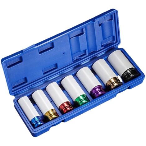 Ensemble de douilles à écrou à la roue 7pcs, 17/19/21/22/23/27 / 27 mm Slonge de roue 6 points, outil retrait pneu haute résistance 1/2 pouce avec boîtier stockage pour réparation