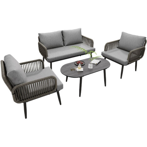 Ensemble de fauteuils de jardin, mobilier de jardin avec coussins confortables, canapé 2 places, 2 fauteuils et table basse, corde tressée à la main, plateau en verre style bois, acier galvanisé, gris