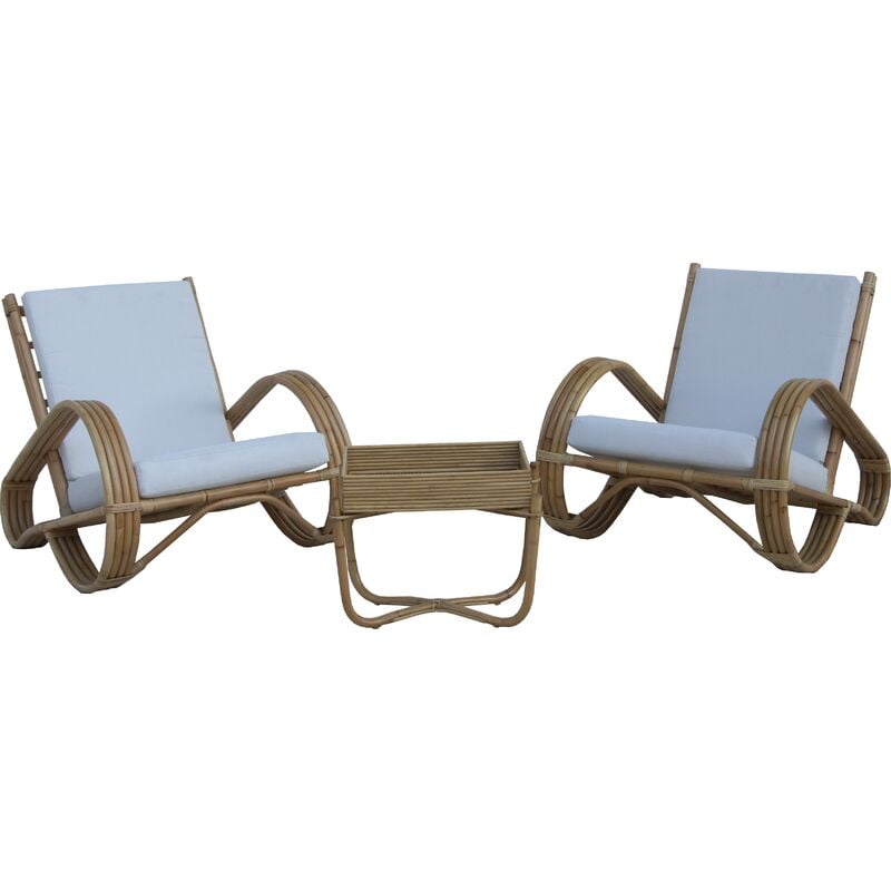 Ensemble de Fauteuils en Rotin Naturel et Table Centrale pour Terrasse Jardin Chillvert Parma 68x83x68cm Coussins Blancs