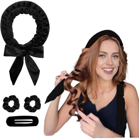 Ensemble de fer à friser sans chaleur, bandeau de fer à friser, adapté pour friser pendant la nuit, comprend 2 bandeaux et 1 pince (noir).