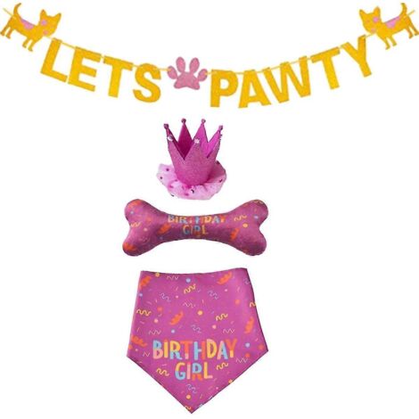 Ensemble de fête d'anniversaire pour chien comprenant un bandana, un chapeau, un os et un jouet. Fournitures pour fête d'anniversaire d'animaux de compagnie.
