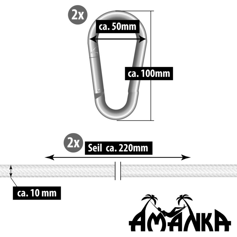 Ensemble de Fixation pour Hamacs et Balançoires Kit complet incl Cordes et Mousquetons Poids max supporté 160 kg - weiss