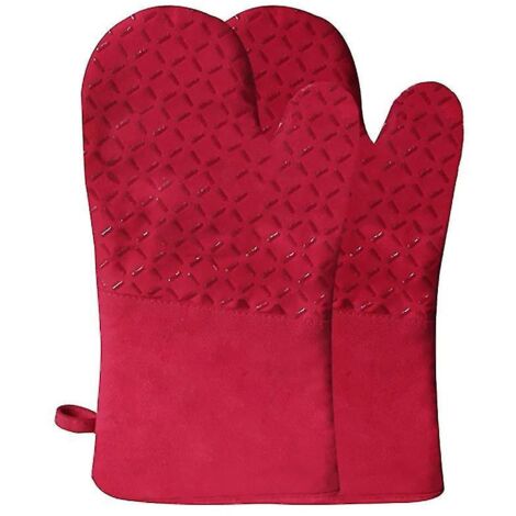 Ensemble de gants de cuisine en silicone rouge résistant à la chaleur, antidérapants et flexibles, pour protéger les mains des surfaces chaudes.