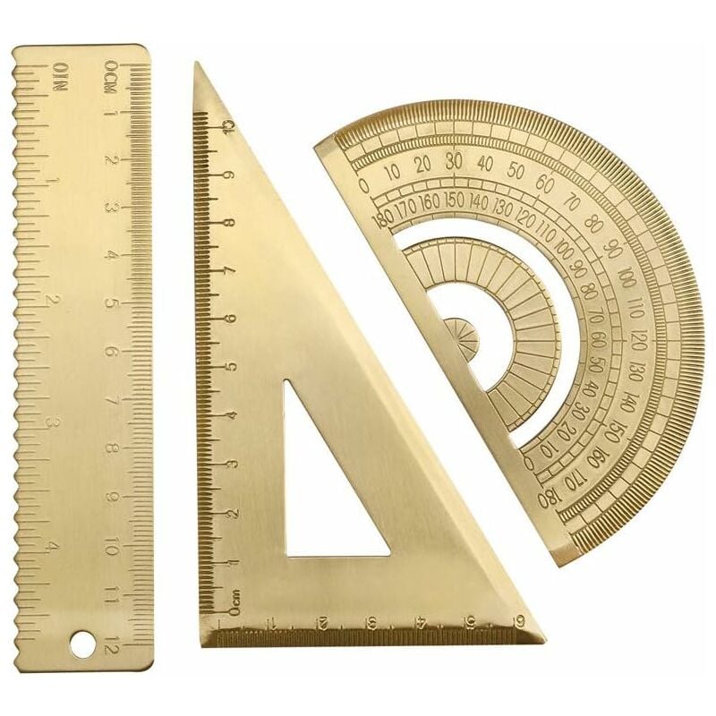 Ensemble de géométrie mathématique en laiton Règle d'onde en métal rétro et règle triangulaire Géométrie Rapporteur standard Échelle triangulaire Kit