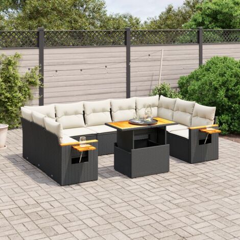 Ensemble de jardin 10 places en résine tressée noire avec coussins crème, table extensible et accoudoirs en acacia
