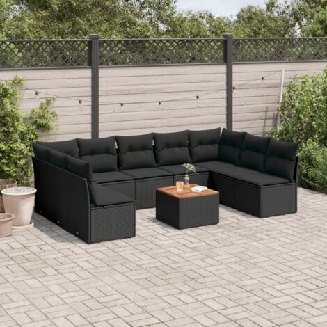 Ensemble de jardin 10 places en résine tressée noire avec coussins et table acacia - Meubles extérieur modulaires rangement intégré