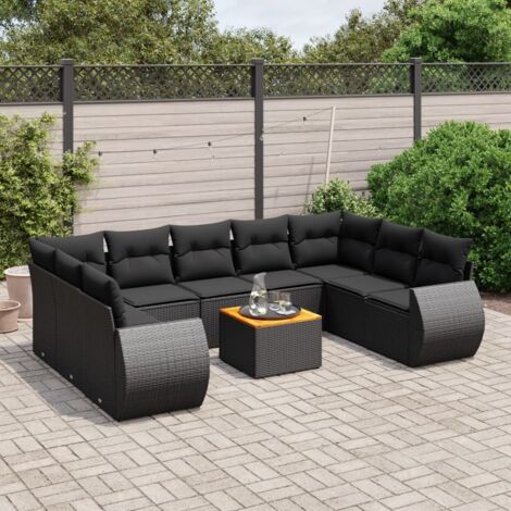 Ensemble de jardin 10 places en résine tressée noire avec coussins et table acacia - Salon d'extérieur modulaire résistant aux UV