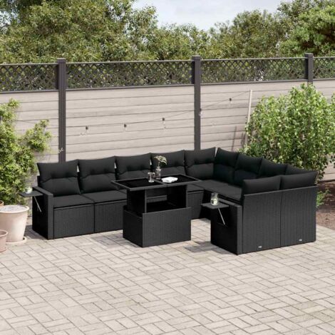 Ensemble de jardin 10 places en résine tressée noire avec coussins - Table extensible et meubles modulaires pour terrasse