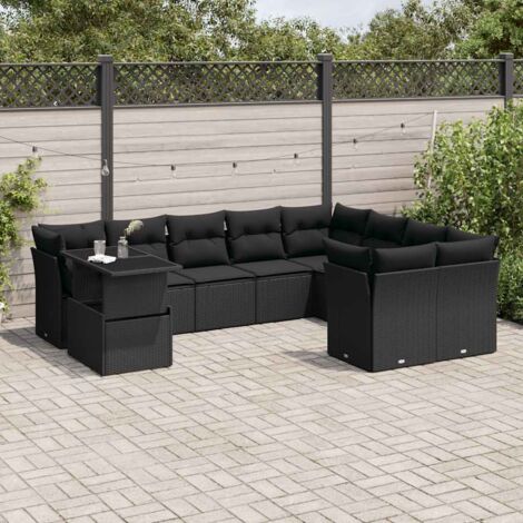 Ensemble de jardin 10 places en résine tressée noire avec coussins - Table extensible modulaire