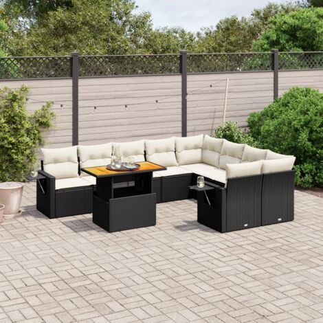 Ensemble de jardin 10 places en résine tressée noire avec table extensible et coussins lavables - Salon extérieur modulaire avec accoudoirs et repose-bois